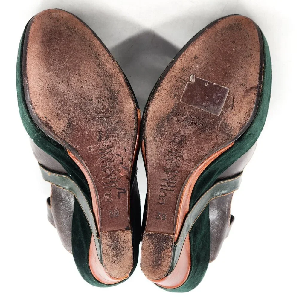 GUILLAUME HINFRAY Brown Green Leather Velvet Platform Wedge Sandals